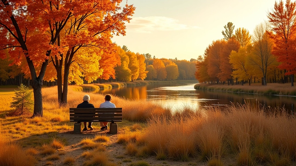 Autumn valley with trees in golden and red colors, prairie in warm brown tones