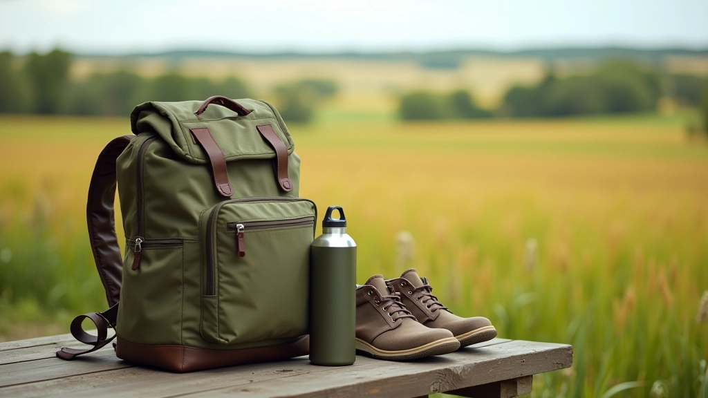 Backpack and water bottle laid out on wooden bench with comfortable walking shoes, scenic valley background