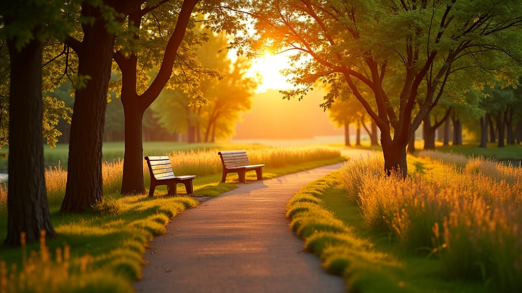 Golden hour light filtering through trees along a riverside path, peaceful atmosphere with long shadows