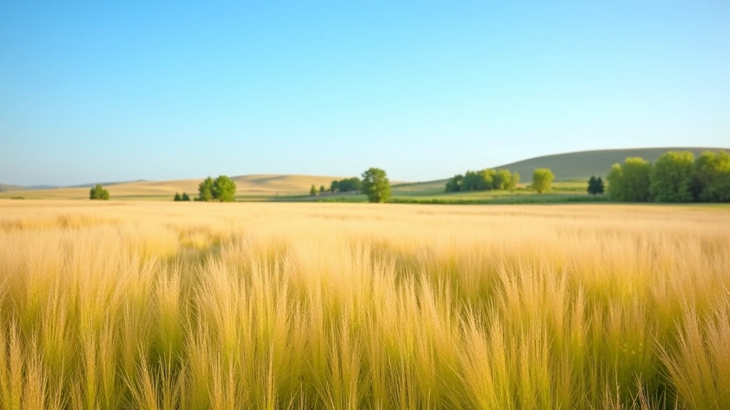 Wide view of native prairie meadow with distant tree line and clear blue sky, rolling landscape
