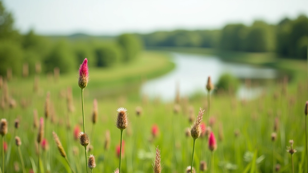Native wildflowers blooming in prairie meadow with various colors and textures