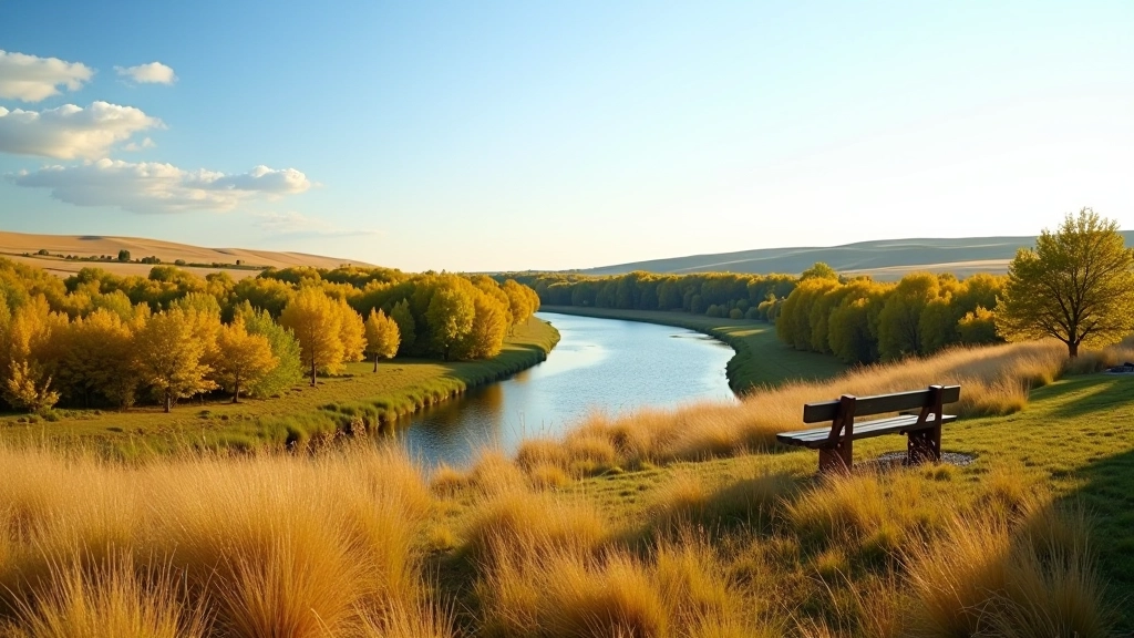 Panoramic river valley view from an elevated viewpoint showing the meandering river, golden prairie, and tree-lined banks under clear sky