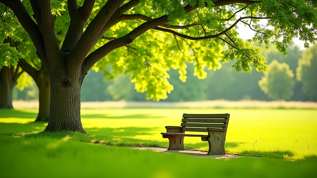 Shaded park bench positioned under a mature oak tree with filtered sunlight creating dappled patterns on the ground