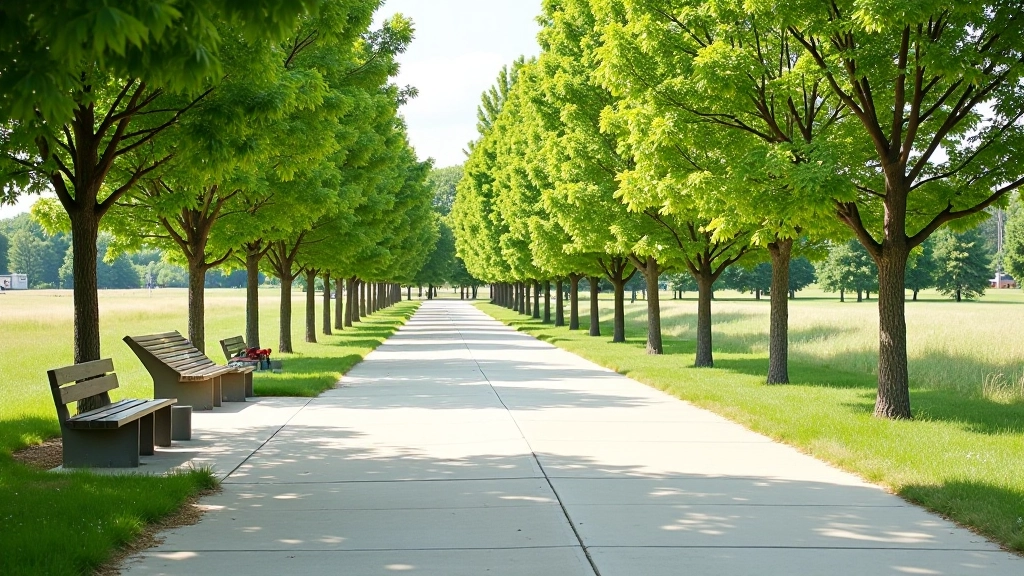 Parking area near valley entrance with clearly marked spaces, information board visible, tree-lined approach