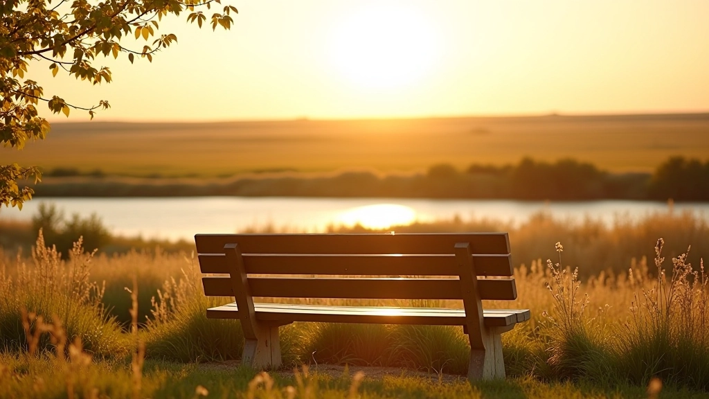 Wooden rest bench positioned along the river valley trail with scenic views