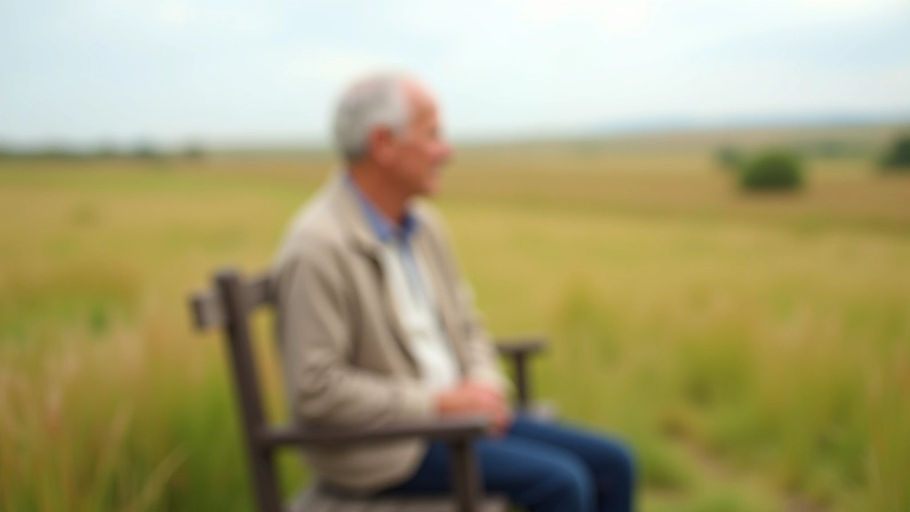 Person aged 60 sitting on wooden bench overlooking prairie valley with river in distance, peaceful expression