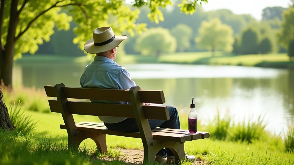 Person sitting comfortably on a riverside bench with hat and water bottle, relaxed posture, shaded area