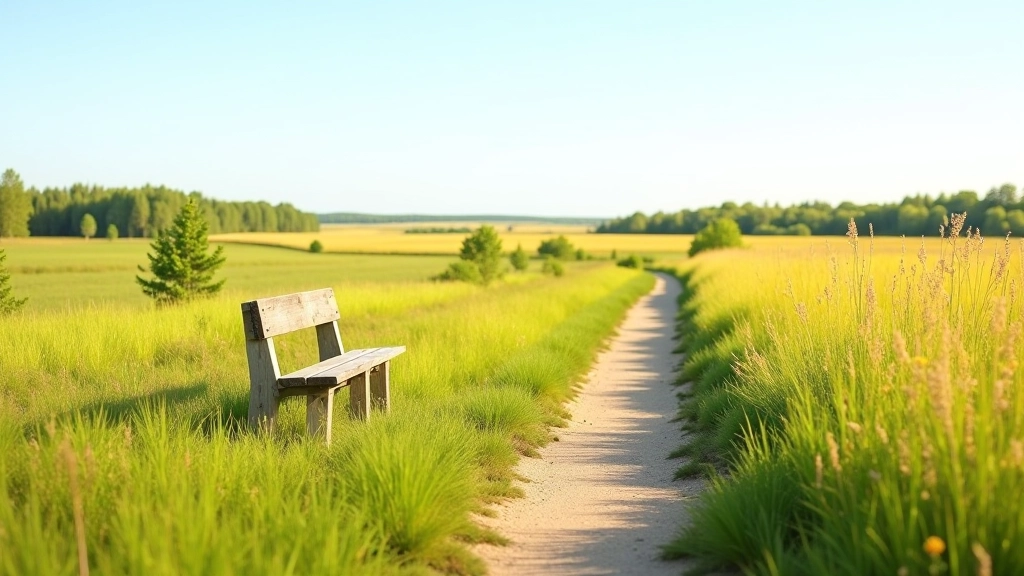 Walking path through prairie meadow with natural grasses and open landscape