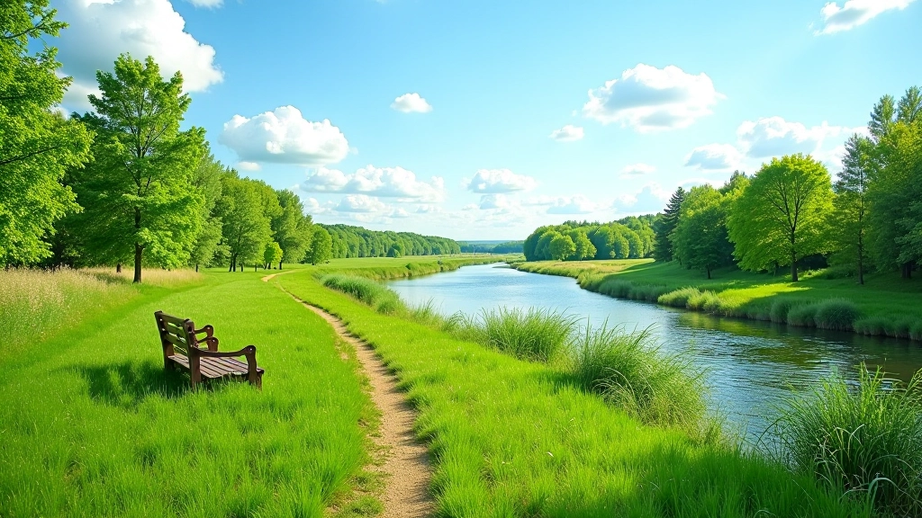 Lush summer valley with full green trees and prairie vegetation under blue sky