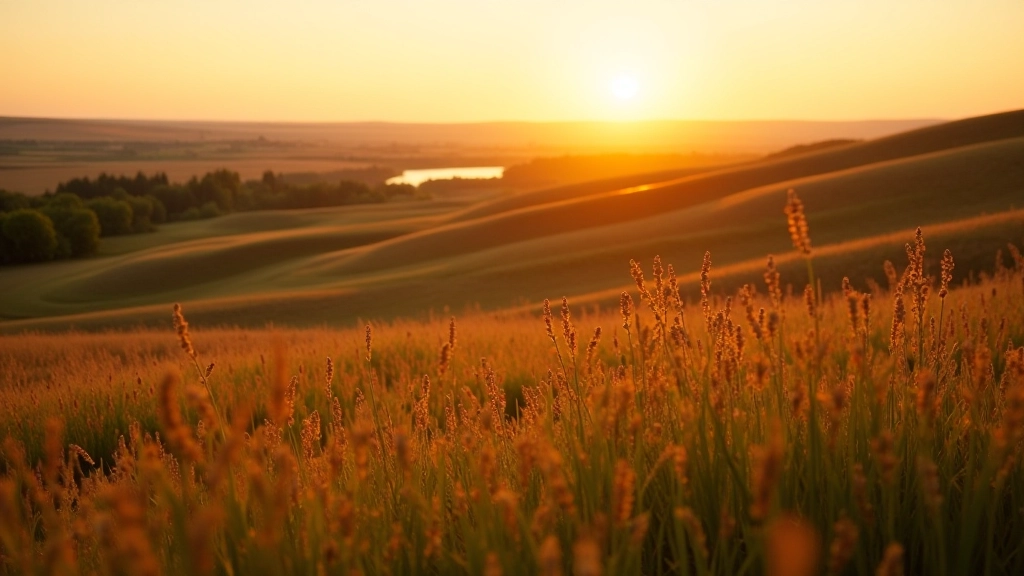 Valley landscape showing rolling prairie with river running through, golden hour lighting