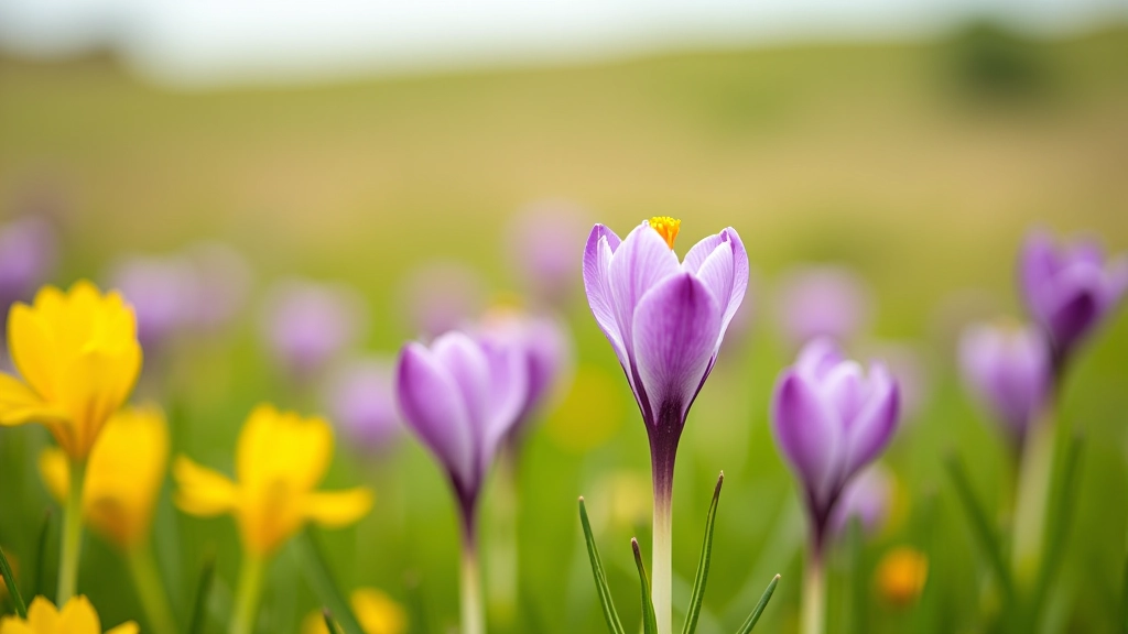 Prairie wildflowers including purple crocuses and yellow prairie lilies with green native grasses in spring meadow