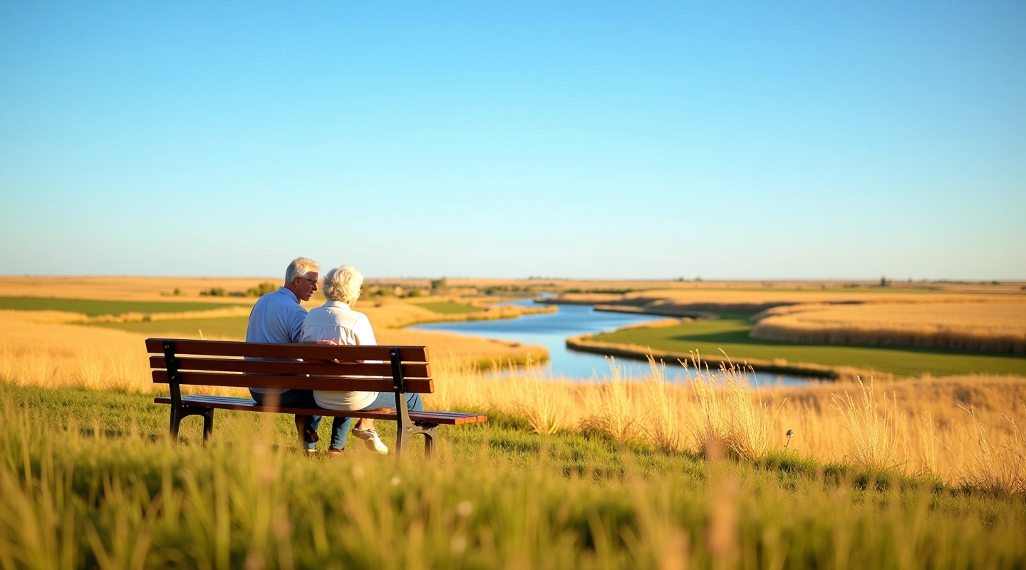 Prairie river valley with golden meadow grass and calm river waters