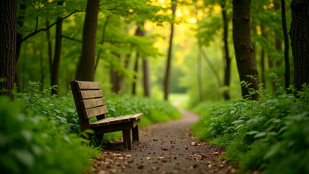 Secluded bench on a forest path with dappled light filtering through trees, creating an atmosphere of peaceful solitude