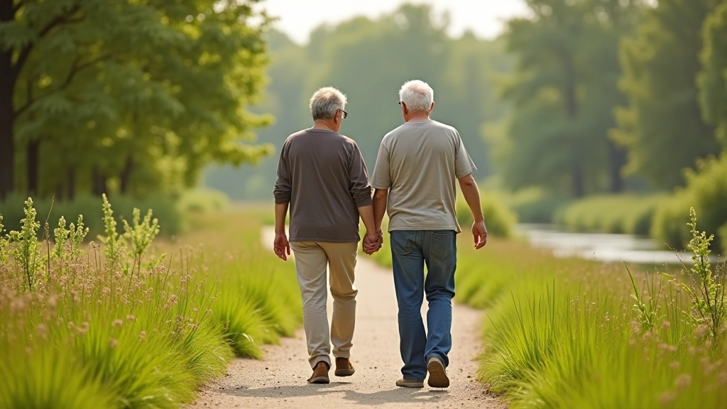 Retired couple walking slowly along river valley path with water visible through trees on a sunny day