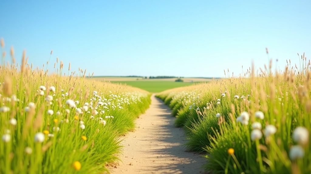 Walking path through native prairie meadow with wildflowers and native grasses under blue sky