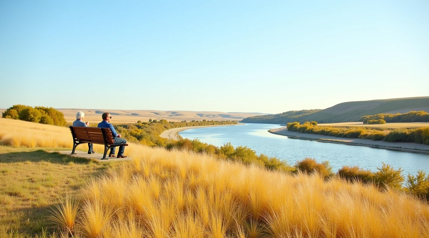 Scenic overlook of South Saskatchewan River valley with golden prairie grasses and tree-lined banks