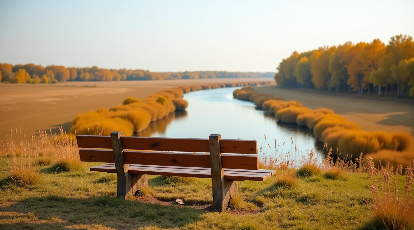 Wooden bench overlooking a scenic river valley with golden prairie grass and tree-lined banks during autumn