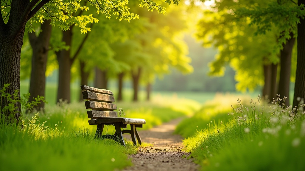 Park bench nestled among green trees with soft morning light filtering through the canopy, peaceful natural setting